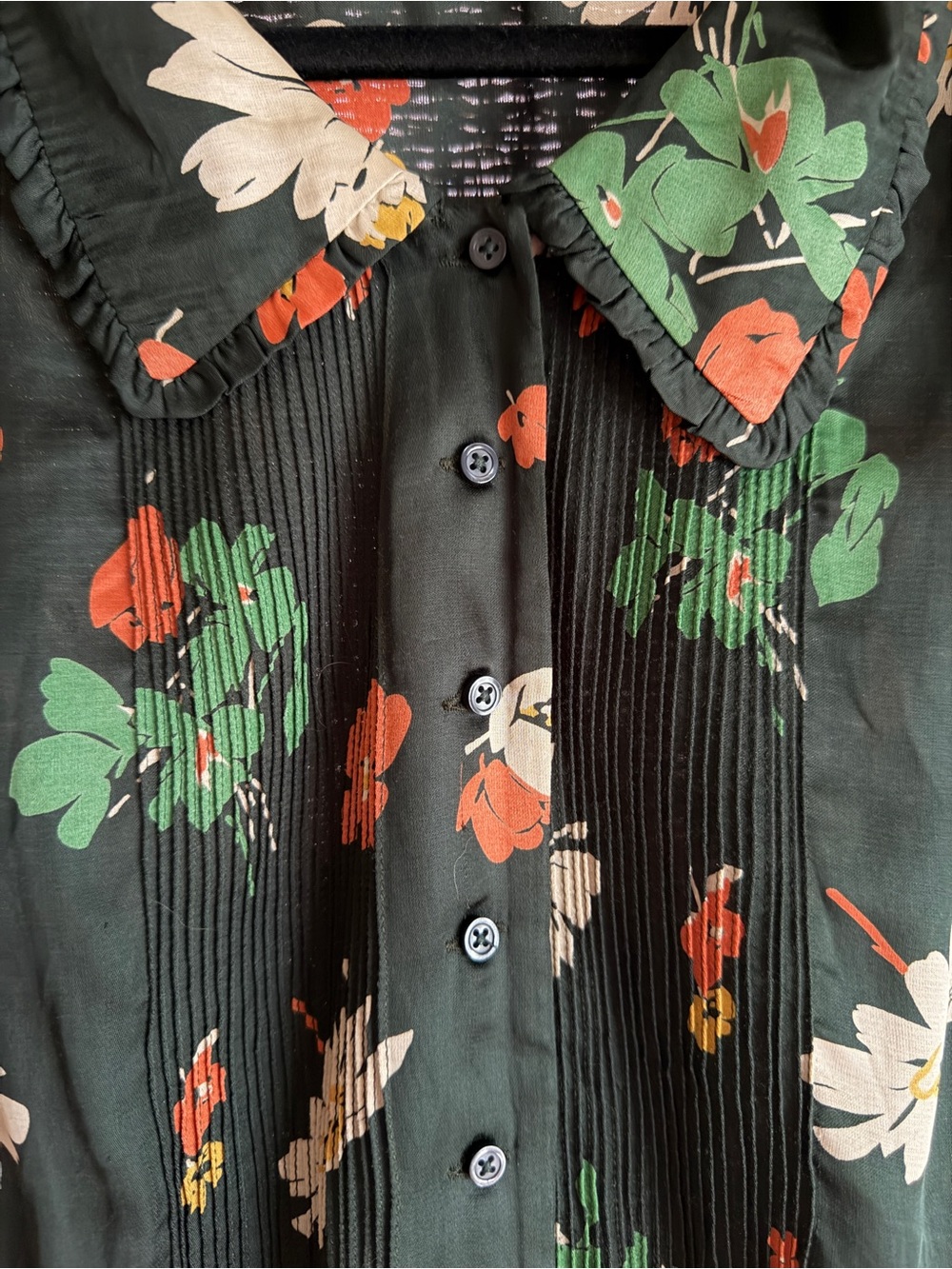 THE GREAT. Dark Green Floral Button-Down Shirt with Cream, Green and Orange Prin - Picture 2 of 5